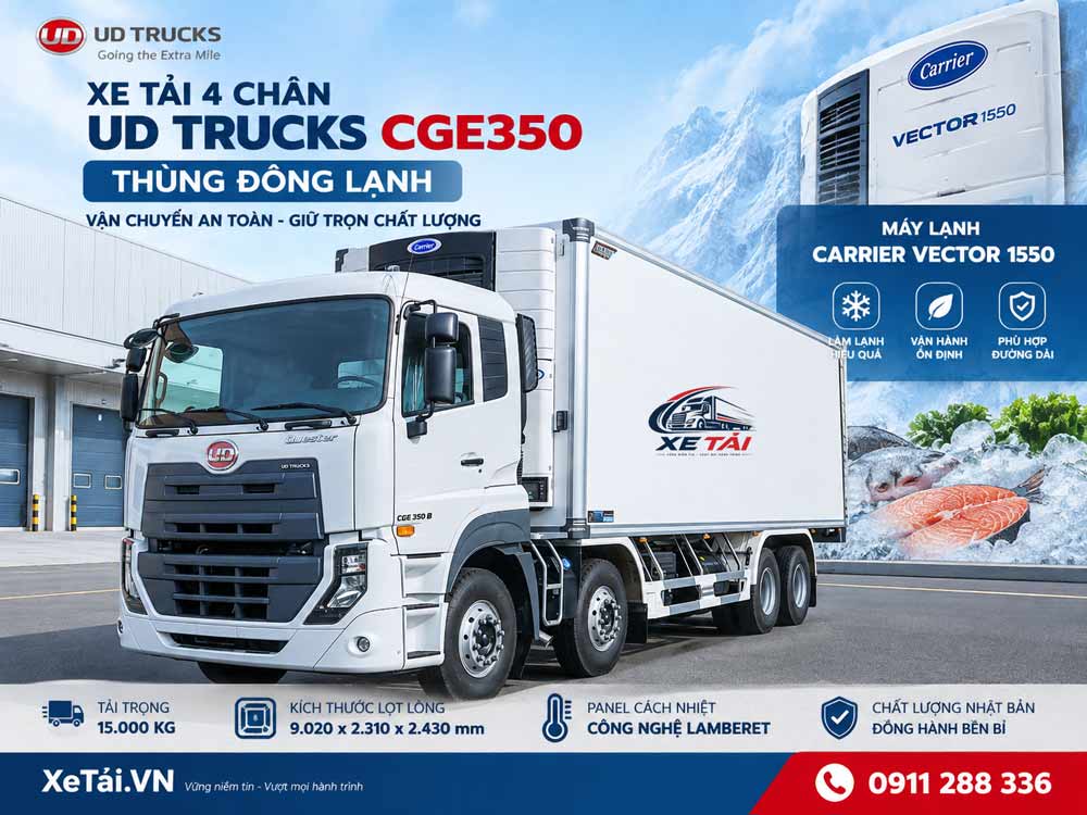 Xe tải 4 chân UD Trucks CGE350 thùng đông lạnh Carrier Vector 1550